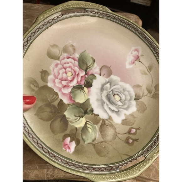 Nippon CORONATION WARE 2 Handle Plate Handpainted Flowers Pink White Japan 9” - Picture 7 of 9